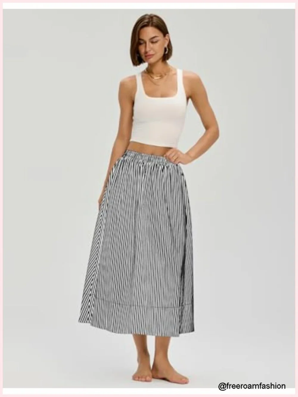 Midi Skirt A-Line Cotton Flowy Elastic Waist with Pockets Summer Casual